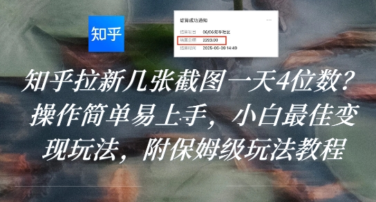 知乎拉新几张截图一天4位数？操作简单易上手，小白最佳变现玩法，附保姆级玩法教程-青年网赚