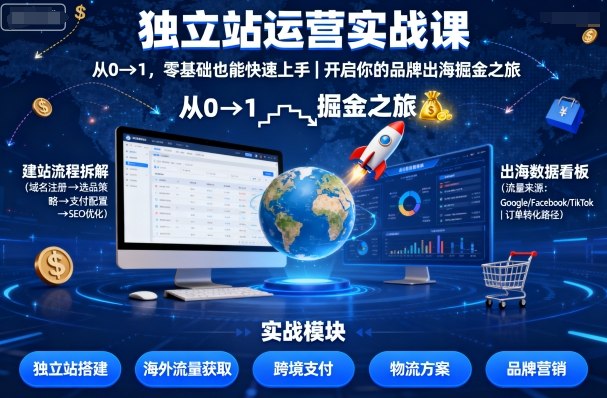 独立站运营实战课，从0到1，零基础也能快速上手，开启你的品牌出海掘金之旅-青年网赚