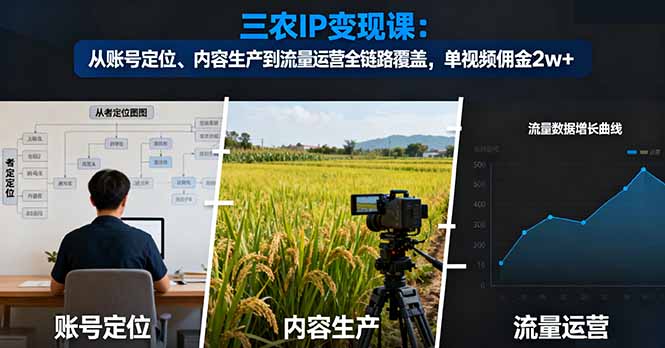三农IP变现课：从账号定位、内容生产到流量运营全链路覆盖，单视频佣金2w+-青年网赚