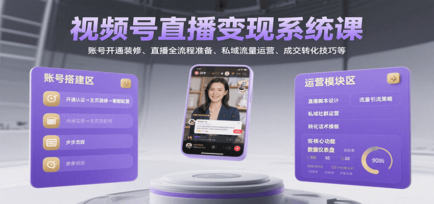 视频号直播变现系统课，账号开通装修、直播全流程准备、私域流量运营、成交转化技巧等-青年网赚
