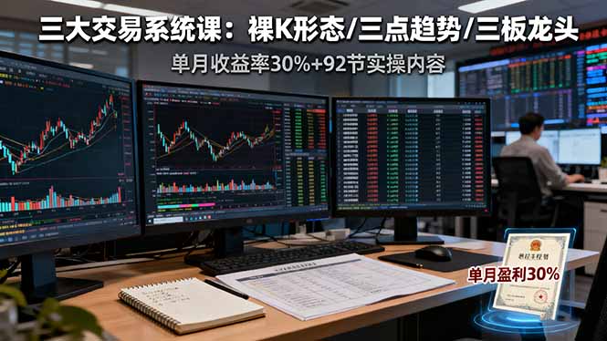 三大交易系统课：裸K形态/三点趋势/三板体系，单月收益率30%+92节实操内容-青年网赚