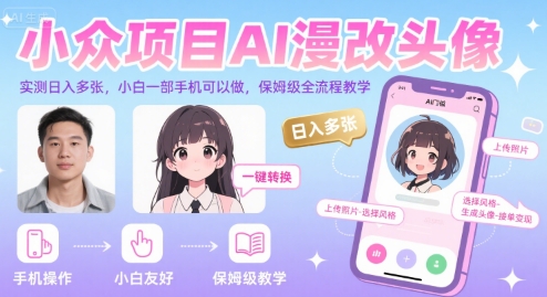 小众项目AI漫改头像，实测日入多张，小白一部手机可以做，保姆级全流程教学-青年网赚