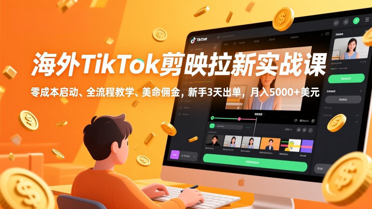 海外TikTok剪映拉新实战课，零成本启动、全流程教学、美金佣金，新手3天出单，月入5000+美元-青年网赚