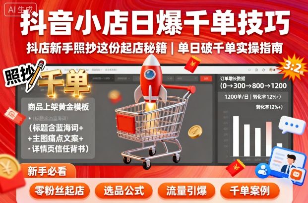 抖音小店日爆千单技巧，抖店新手照抄这份起店秘籍，单日破千单-青年网赚