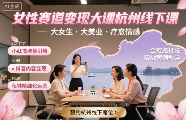 女性赛道变现大课杭州线下，大女生，大美业，疗愈情感，一套小红书、抖音、私域全链路打法-青年网赚
