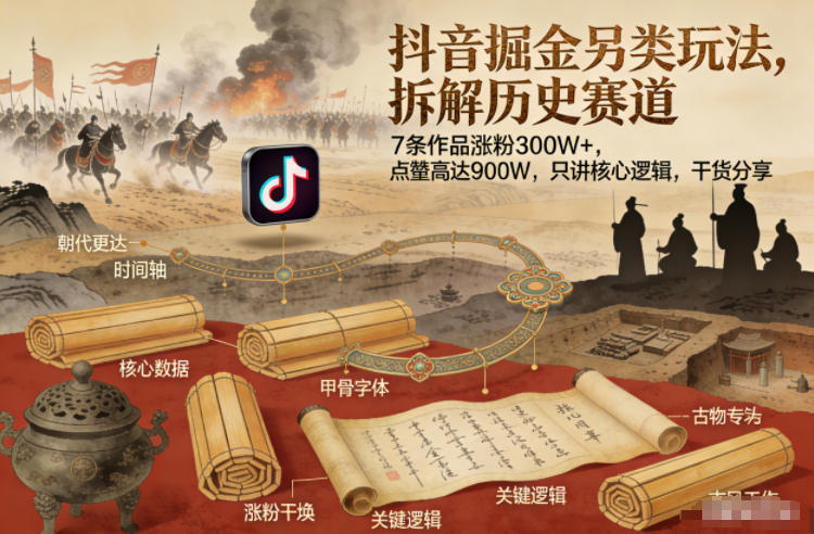 抖音掘金另类玩法,拆解历史赛道,7条作品涨粉300W+,点赞量高达900W,只讲核心逻辑,干货分享-青年网赚