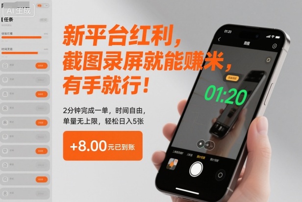 新平台红利，截图录屏就能賺米，有手就行！2分钟完成一单，时间自由，单量无上限，轻松日入5张【揭秘】-青年网赚