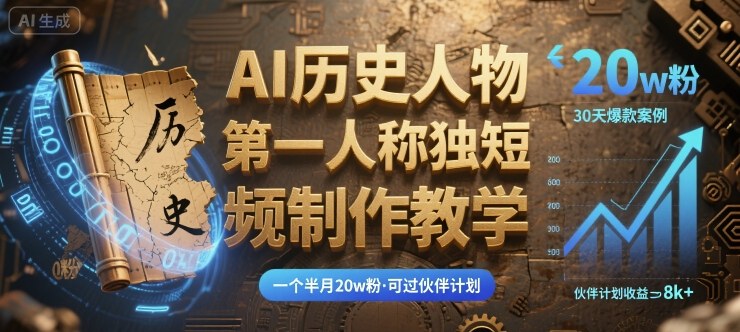 最新AI历史人物第一人称独白短视频制作教学，一个半月20w粉，可过伙伴计划-青年网赚