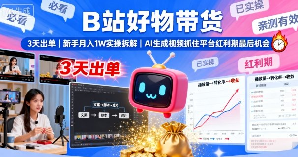 B站好物带货，3天出单，新手月入1W实操拆解，AI生成视频，抓住平台红利期最后机会-青年网赚