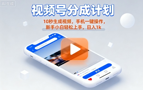 视频号分成计划懒人玩法，10秒生成视频，手机一键操作，新手小白轻松上手，日入1K【揭秘】-青年网赚