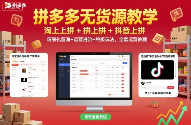 拼多多无货源教学，淘上拼+拼上拼+抖上拼，精细化蓝海+运营进阶+终极玩法，全套运营教程-青年网赚