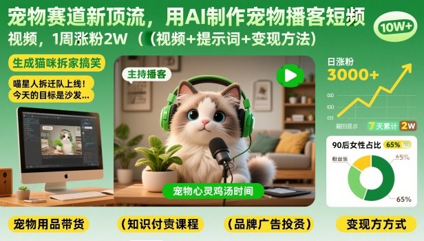 宠物赛道新顶流，用AI制作宠物播客短视频，1周涨粉2W(视频+提示词+变现方法)-青年网赚