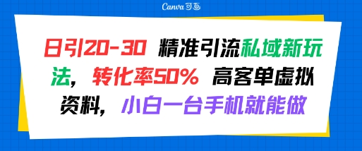 日引 20-30 精准引流私域新玩法，转化率50% 高客单虚拟资料，小白一台手机就能做-青年网赚