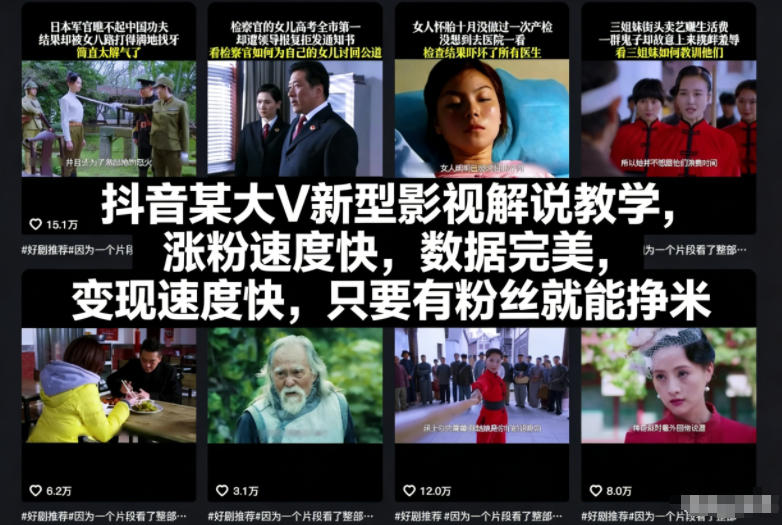 抖音某大V新型影视解说教学，涨粉速度快，数据完美，变现速度快，只要有粉丝就能挣米-青年网赚