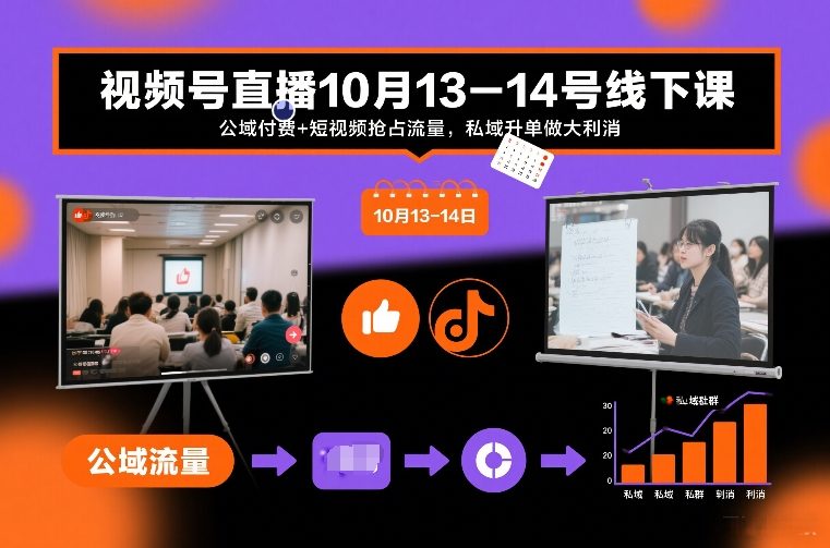 视频号直播10月13-14号线下课，公域付费+短视频抢占流量，私域升单做大利消-青年网赚