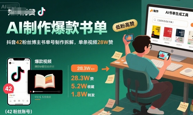 AI制作爆款书单，抖音42粉丝博主书单号制作拆解，单条视频28W赞-青年网赚