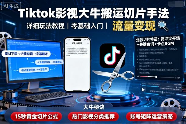 Tiktok影视大牛搬运切片手法，详细玩法教程-青年网赚