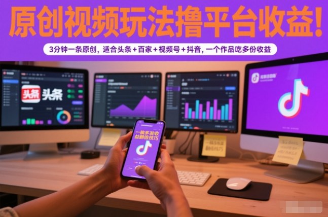 原创视频玩法撸平台收益,3分钟一条原创,适合头条+百家+视频号+抖音,一个作品吃多份收益-青年网赚