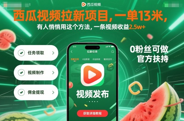 西瓜视频拉新项目，一单13米，有人悄悄用这个方法，一条视频收益2.5w+(附详细教程)-青年网赚