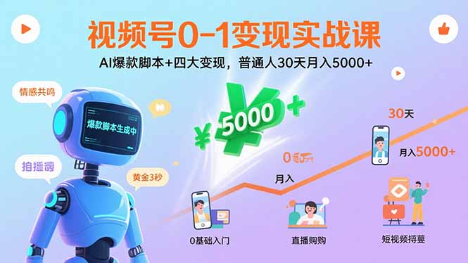 视频号0-1变现实战课：AI爆款脚本+四大变现，普通人30天月入5000+-青年网赚