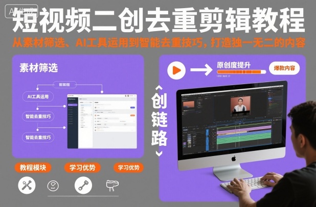 短视频二创去重剪辑教程，从素材筛选、AI工具运用到智能去重技巧，打造独一无二的内容-青年网赚