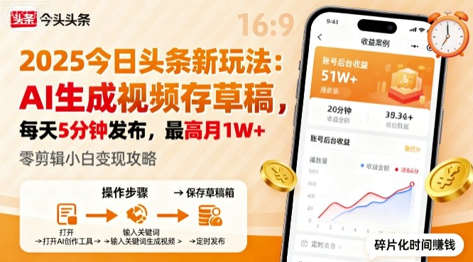 2025年今日头条躺賺新玩法，AI生成视频存草稿，每天5分钟发布，最高月1W+【揭秘】-青年网赚