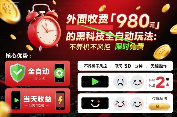 外面收费980的黑科技全自动玩法，不养机不风控，每天30分钟，无脑操作，当天收益2张【揭秘】-青年网赚