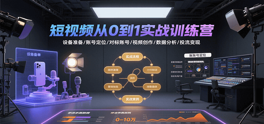 短视频从0到1实战训练营：设备准备/账号定位/对标账号/视频创作/数据分析/投流变现-青年网赚