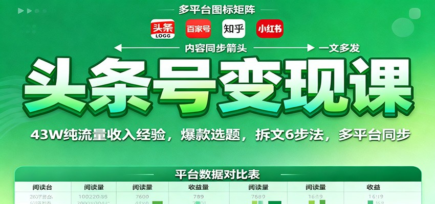 头条号变现课：43W纯流量收入经验，爆款选题，拆文6步法，多平台同步-青年网赚