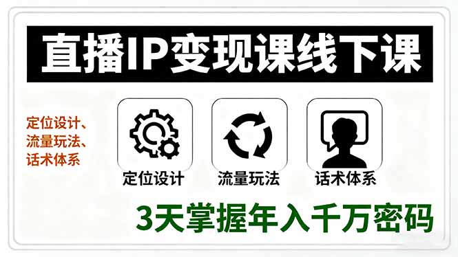 直播IP变现课线下课，定位设计、流量玩法、话术体系，3天掌握年入千万密码-青年网赚
