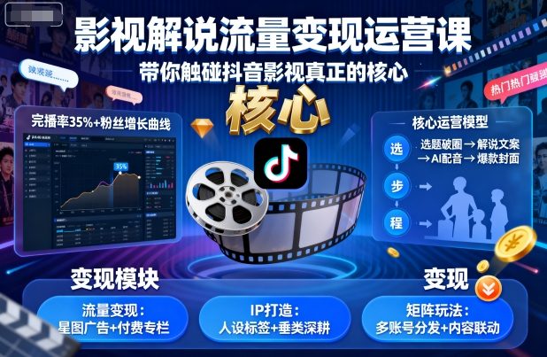 影视解说流量变现运营课，带你触碰抖音影视真正的核心-青年网赚