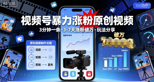视频号暴力涨粉原创视频，3分钟一条原创视频，3-7天涨粉破万，玩法分享给你-青年网赚