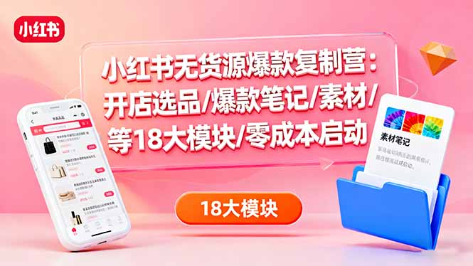 小红书无货源爆款复制营：开店选品/爆款笔记/素材/等18大模块/零成本启动-青年网赚