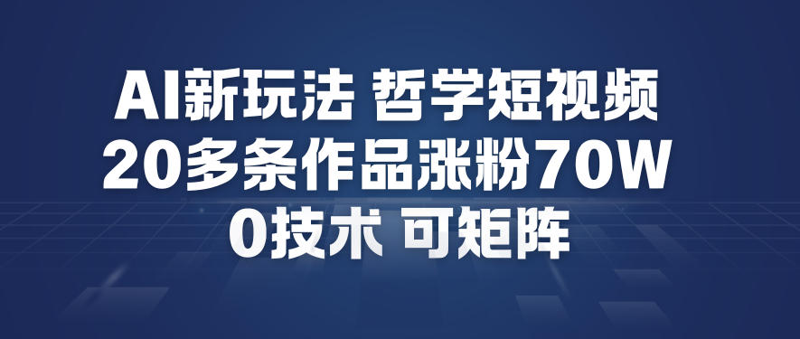 AI新玩法哲学短视频制作教学，20多条作品涨粉70W，0成本赛道，可矩阵-青年网赚