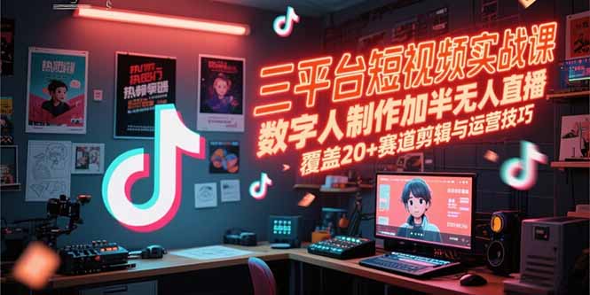 三平台短视频实战课，数字人制作加半无人直播，覆盖20+赛道剪辑与运营技巧-青年网赚