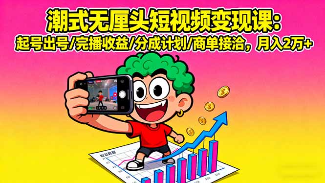 潮式无厘头短视频变现课：起号出号/完播收益/分成计划/商单接洽，月入2万+-青年网赚