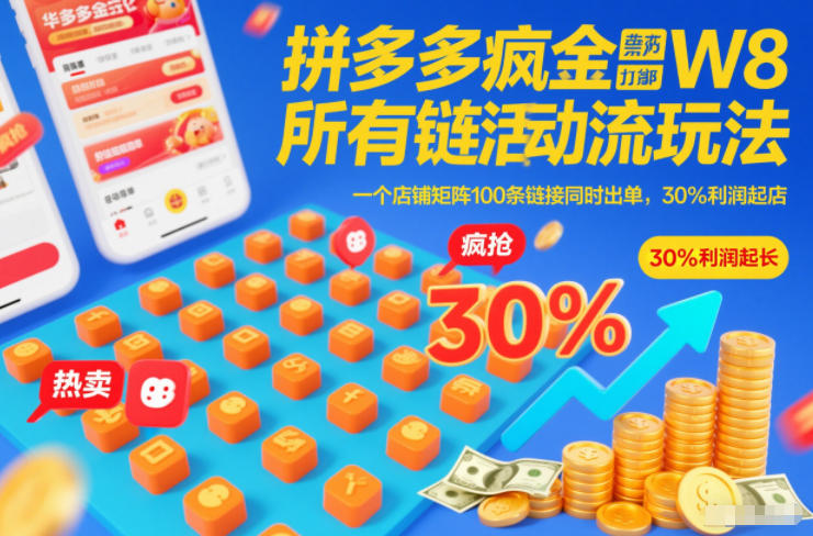 拼多多疯狂活动流玩法，所有链接全部打标，一个店铺矩阵100条链接同时出单，30%利润起店-青年网赚