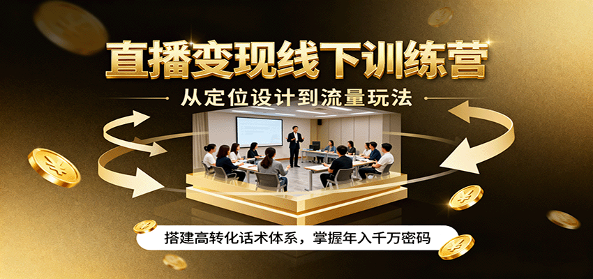 直播变现线下训练营，从定位设计到流量玩法，搭建高转化话术体系，掌握年入千万密码-青年网赚