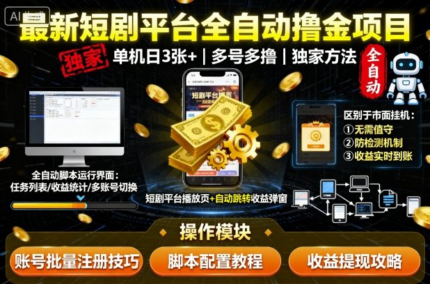 最新短剧平台全自动挂G撸金项目，单机一天3张+，多号多撸，区别于市面所有挂机项目，独家方法【揭秘】-青年网赚