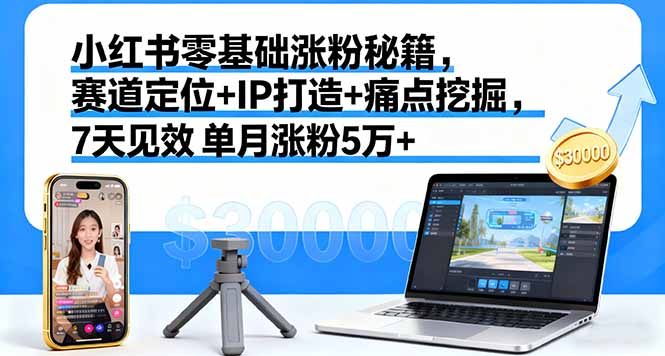 小红书零基础涨粉秘籍，赛道定位+IP打造+痛点挖掘，7天见效 单月涨粉5万+-青年网赚