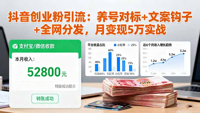 抖音创业粉引流：养号对标+文案钩子+全网分发，月变现5万实战-青年网赚