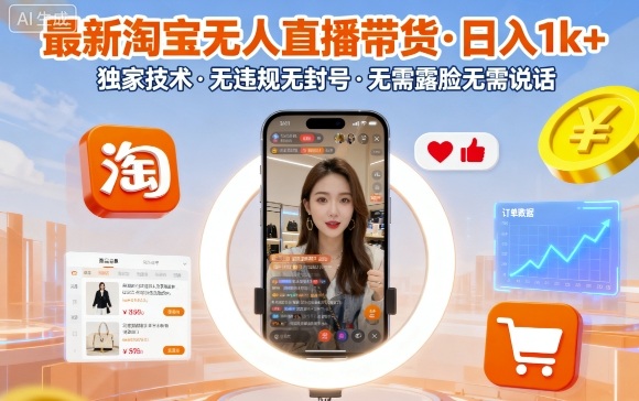 最新淘宝无人直播带货，日入1k+，独家技术，无违规无封号，无需露脸无需说话【揭秘】-青年网赚