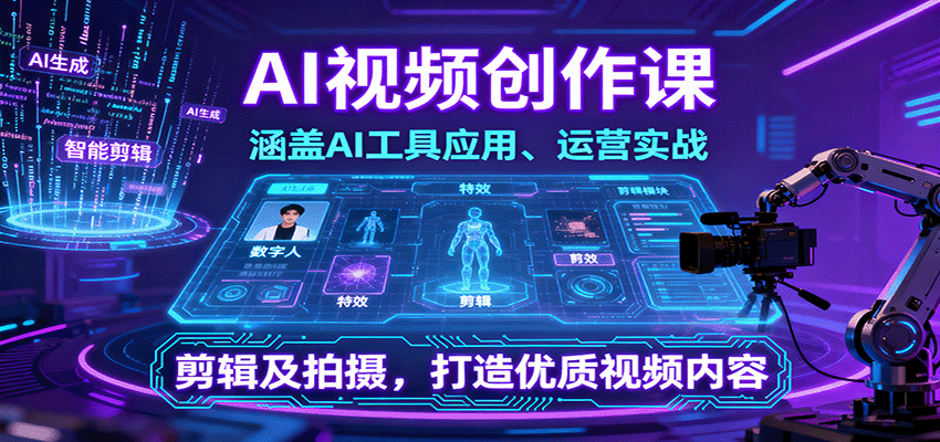 AI视频创作课，涵盖AI工具应用、运营实战、剪辑及拍摄，打造优质视频内容-青年网赚