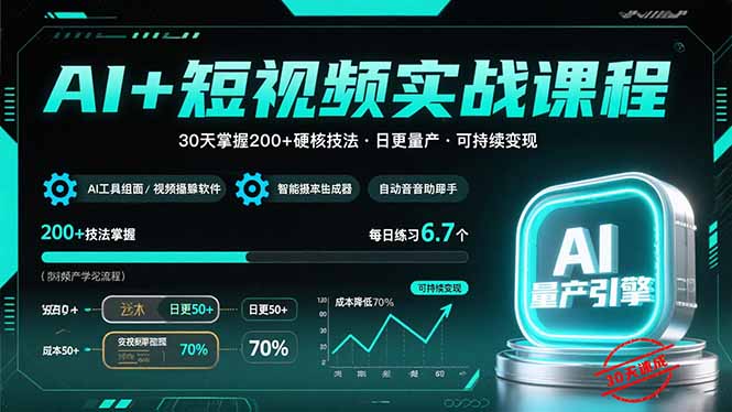 AI+短视频实战课程：30天掌握200+硬核技法，实现日更量产可持续变现-青年网赚