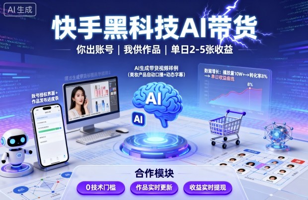 快手黑科技AI带货，你提供账号，我提供作品并发布，单日2-5张【揭秘】-青年网赚
