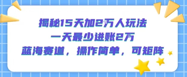 揭秘15天加2W人玩法，一天最少2万进账，蓝海赛道，操作简单，可矩阵-青年网赚