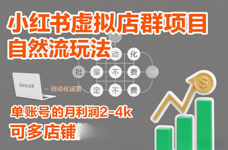 小红书虚拟店群项目，自然流玩法，批量自动化，稳定不费号，单账号的月利润2-4k，可多店矩阵-青年网赚