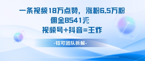 一条视频18W点赞，涨粉6.5W粉佣金8541米，视频号+抖音=王炸-青年网赚