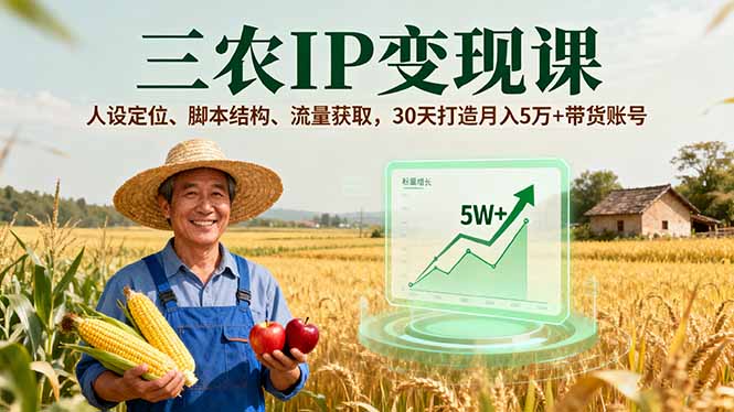 三农IP变现课，人设定位、脚本结构、流量获取，30天打造月入5万+带货账号-青年网赚