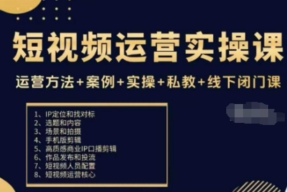 短视频运营实操课，运营方法+案例+实操+私教+线下闭门课-青年网赚
